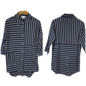 Neon Buddha Tunic Top Sz M Black White Cotton Stretch Striped 3/4 Sleeve Blouse